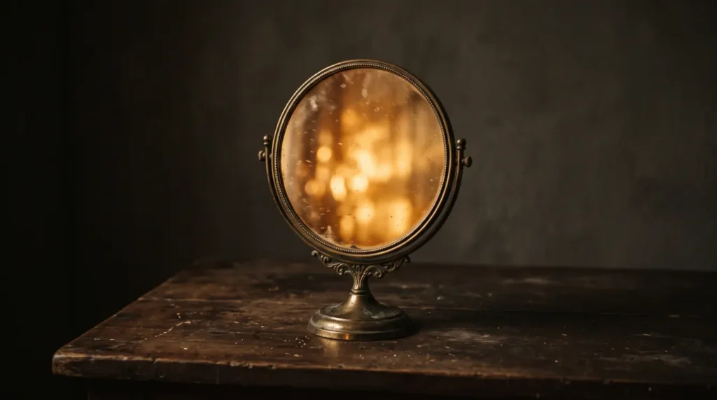 Espejo antiguo de bronce sobre una mesa de madera que refleja una luz dorada