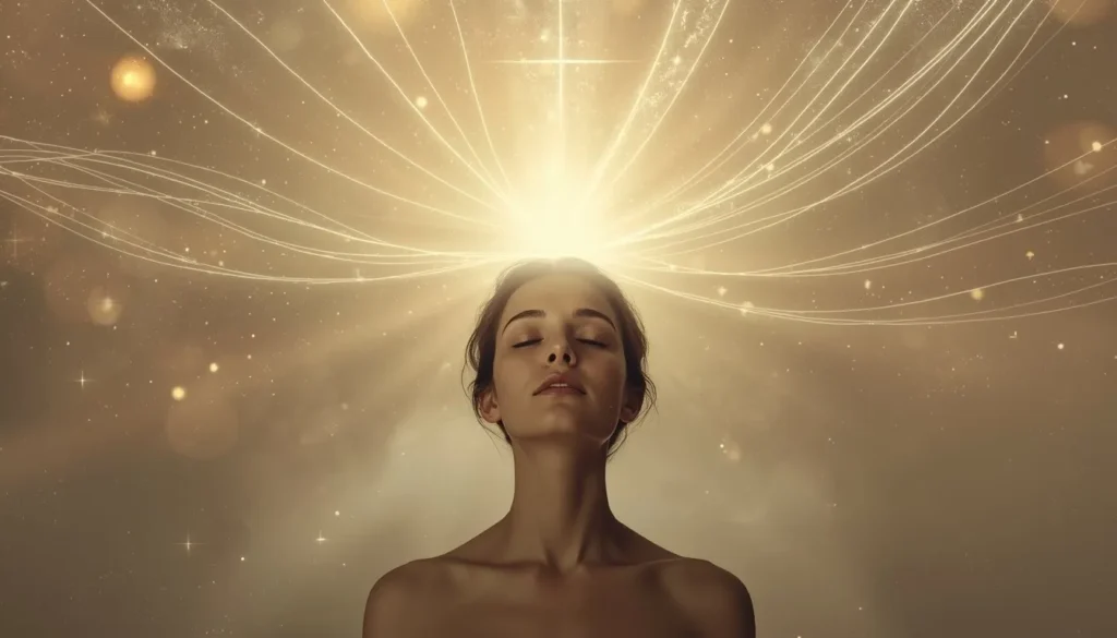 Mujer con los ojos cerrados bajo una luz dorada de la que salen hilos luminosos, como la imaginación en acción