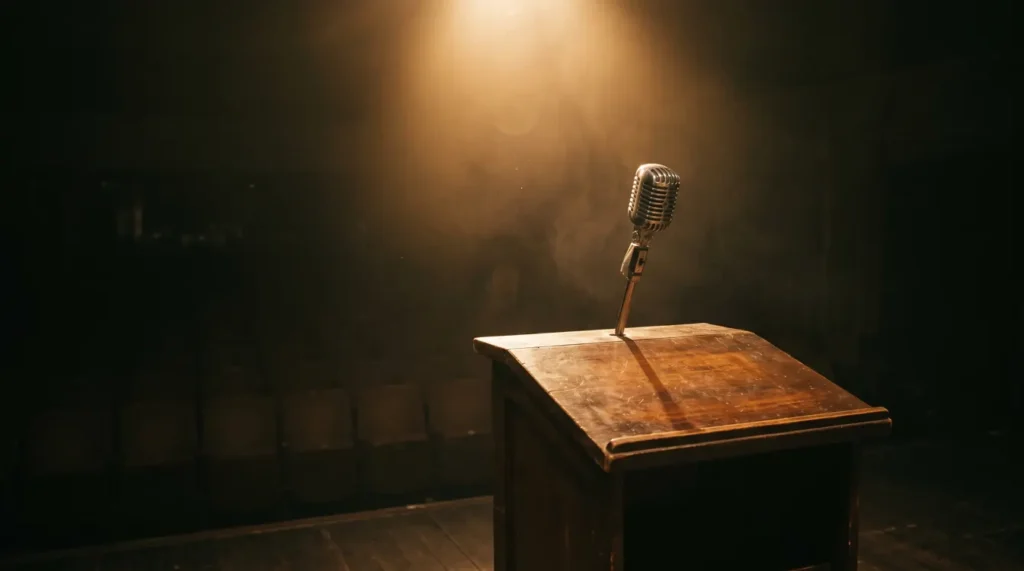 Micrófono antiguo sobre un atril de madera en un auditorio vacío, bajo un foco de luz cálida