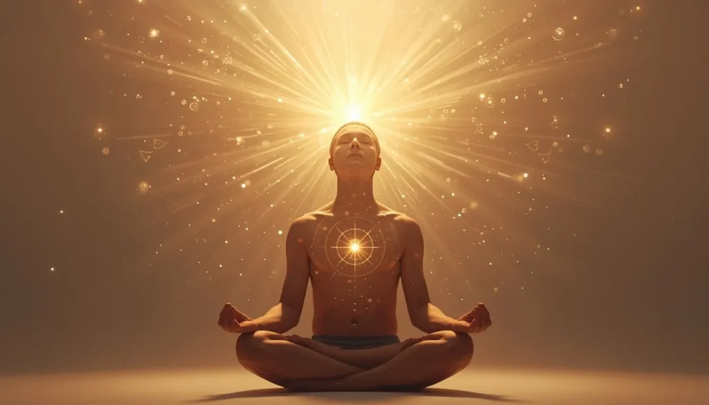 Persona meditando en posición de loto con un haz de luz dorada que brota de su cabeza y una estrella en el pecho